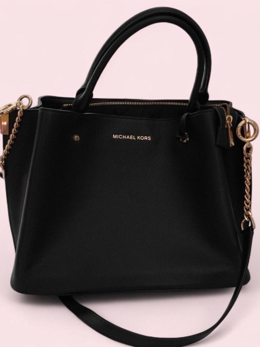 Michael Kors Black Leather Satchel with Gold Chain Detail